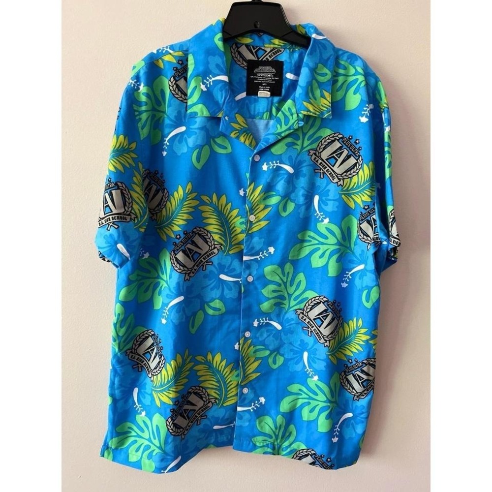 My Hero Academia Shirt Mens XL Blue Floral Tropical Short Sleeve Button Down